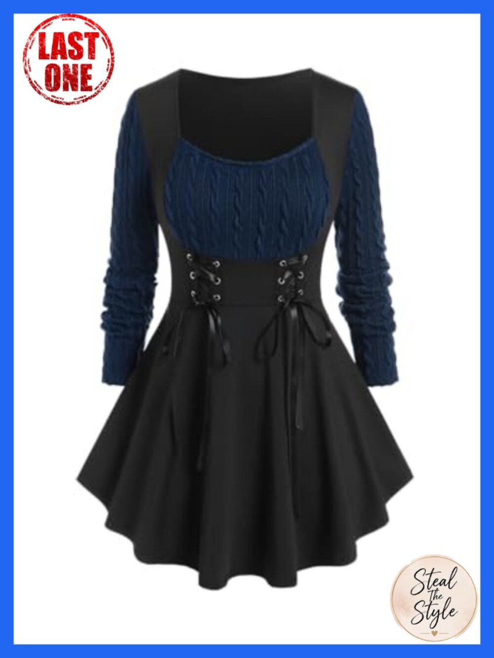 Plus Size Goth Cable Knit Long Sleeve V-Neck Tunic Top Loose Fit